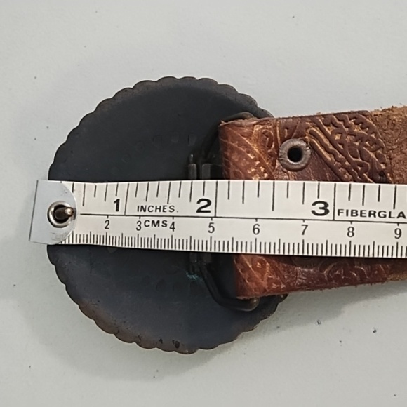 Brown Tooled Leather Belt with Coppery Metal Buckle With Rhinstones - Picture 6 of 13